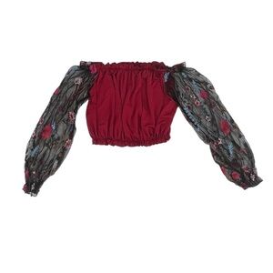 SHEIN Red Floral Long Sleeve Off The Shoulder Crop Blouse Size Small Women’s